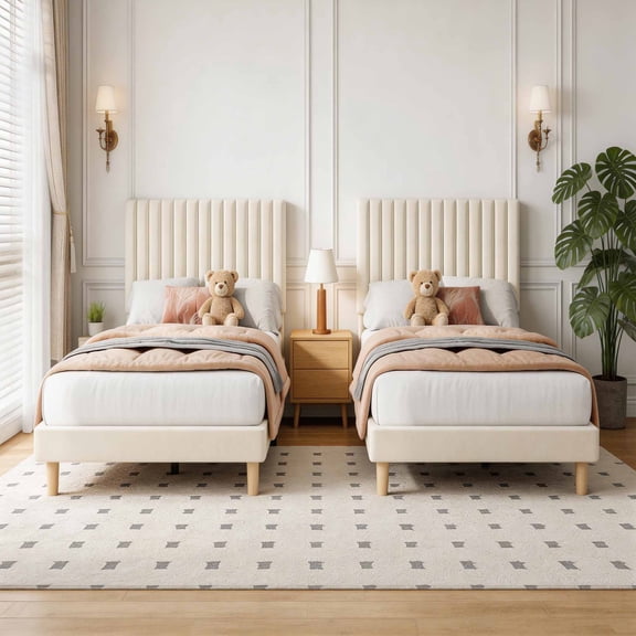 Set of 2 Twin Size Velvet Platform Beds with Adjustable Headboard – Vertical Channel Tufted Design, 800 lbs Capacity, No Box Spring Needed, Easy Assembly