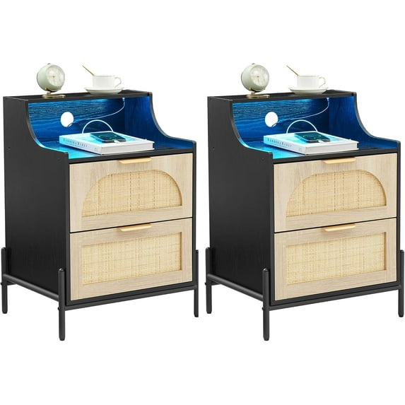 Set of 2 USB Charging End Table, 2-Drawer Rattan Nightstand with Charging Station, Adjustable Shelf, Small Space Bedside Table for Modern Bedroom, Black Oak