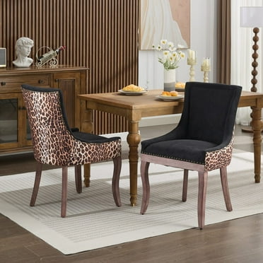 Set of 2 Ultra Side Dining Chair, Thickened Fabric Chairs with Neutrally Toned Solid Wood Legs, High Backrest Armless Chair with Bronze Nail Head, Leopard