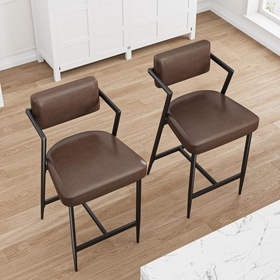 Set of 2 Upholstered Bar Stools 27" Counter Height Bar Chairs, Backrest, Armrest & Footrest, Thick Cushioned PU Leather, Sturdy Metal Frame – Kitchen Island, Counter, Bar, Dining Room,Brown