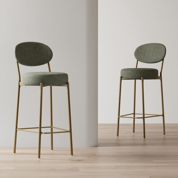 Set of 2 Upholstered Bar Stools with Backrest and Footrest, Velvet Counter Stool with Gold Metal Legs,  Round Dining Chairs for Kitchen Island, Home Bar, Green