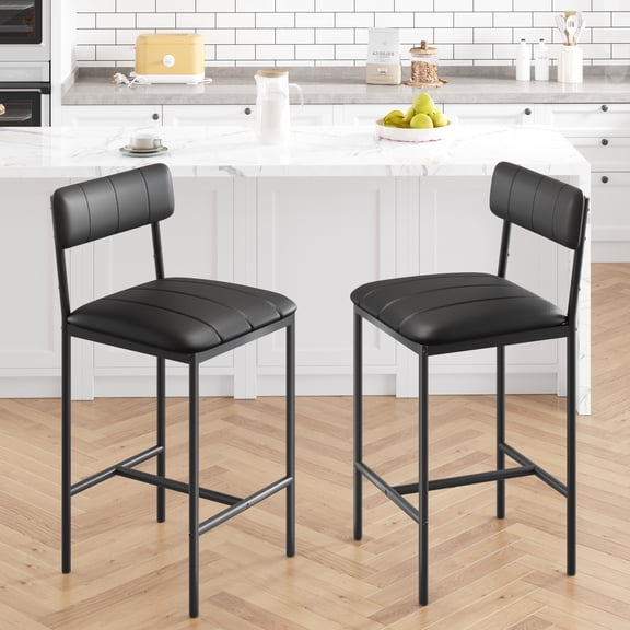 Set of 2 Upholstered Counter Height Bar Stools, 37.5" High Barstools with Backrest and Footrest for Kitchen Island, 350 lbs Capacity Padded Chairs, Black