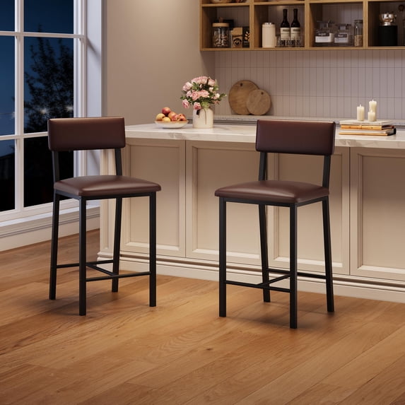 Set of 2 Upholstered Counter Height Bar Stools – PU Leather Seats, Sturdy Metal Legs, Thick Cushions, Backrest & Footrest – Easy to Clean – Perfect for Kitchen Island, Dining Room, Apartment