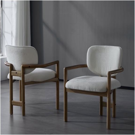 White Modern Upholstered Arm Chair Set of 2 for Dining Room, Rubber Wood Frame with Fabric Cushion Seating