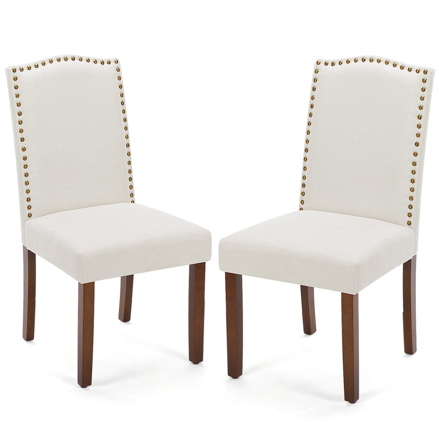 Beige Linen Upholstered Side Chairs with Wood Legs, Set of 2