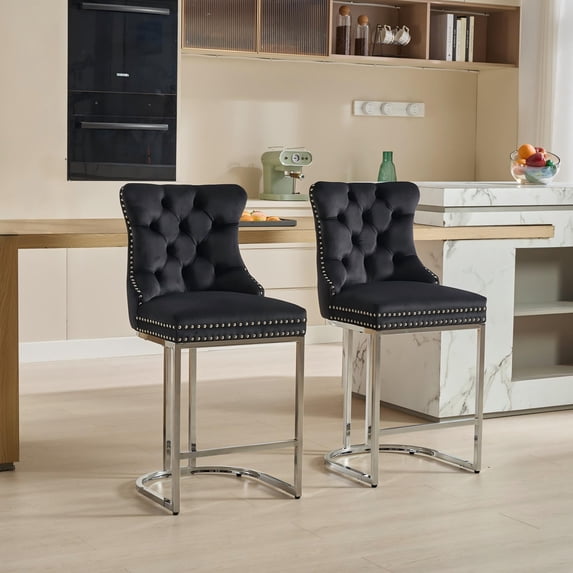 Set of 2 Upholstered Soft Backrest Cushions Chairs, 26" Counter Height Dining Chairs with Button Back Rivet Trim Dining Chair, for Living Room, Kitchen, Dining Room, Reading Room