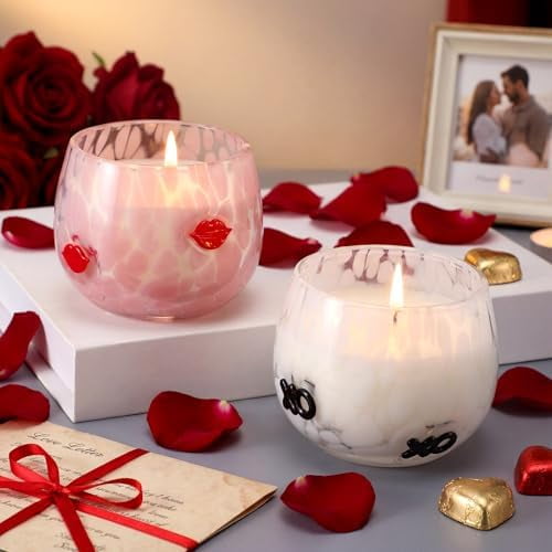 Set of 2 Valentine's Day Candles 7oz Soy Wax Jar Icon Glass Candles with Red Lips, Romantic Valentine's & Galentine's Day Gift for Women, February Decor for Home Indoor Party Table Centerpiece