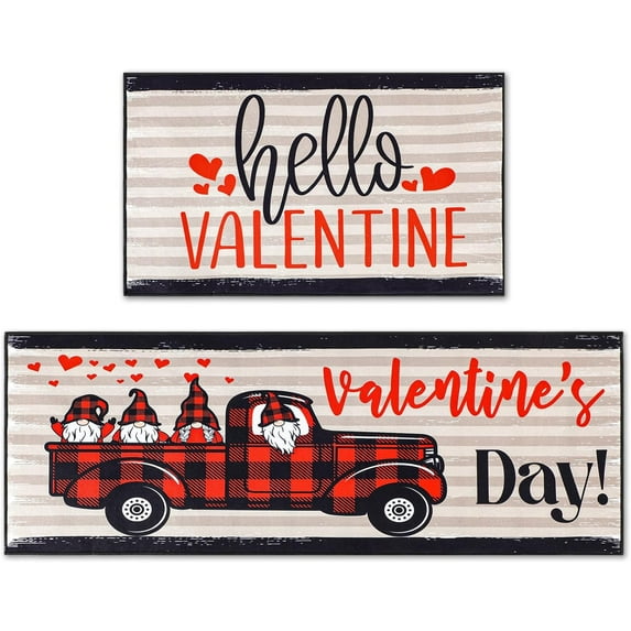 Set of 2 Valentines Day Kitchen Rugs and Mats Valentines Kitchen Mats Buffalo Plaid Door Mat Outside Gnome Decorative Doormat for Home Kitchen Floor Decors, 17x29 and 17x47 Inch