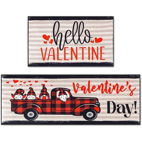 Set of 2 Valentines Day Kitchen Rugs and Mats Valentines Kitchen Mats Buffalo Plaid Door Mat Outside Gnome Decorative Doormat for Home Kitchen Floor Decors, 17x29 and 17x47 Inch