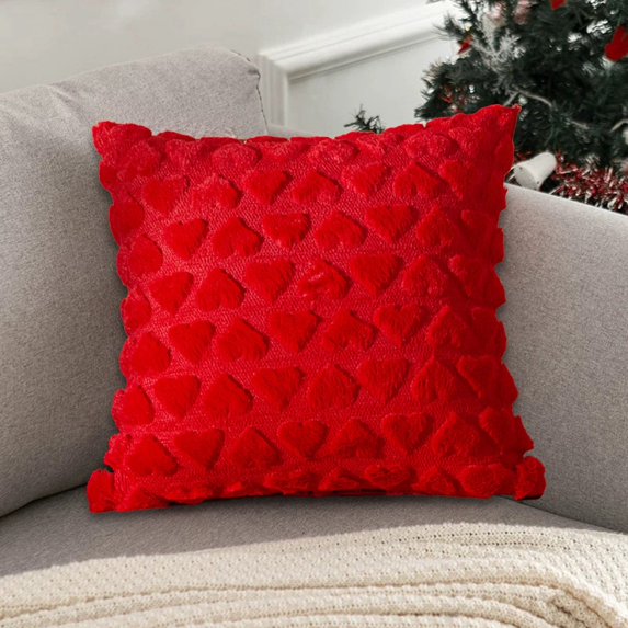 Set of 2 Valentines Day Soft Plush Love Heart Pillow Covers,18 x 18 Inch,Faux Fur Wool Decorative Anniversary Cushion Case for Sofa Home Decoration Red