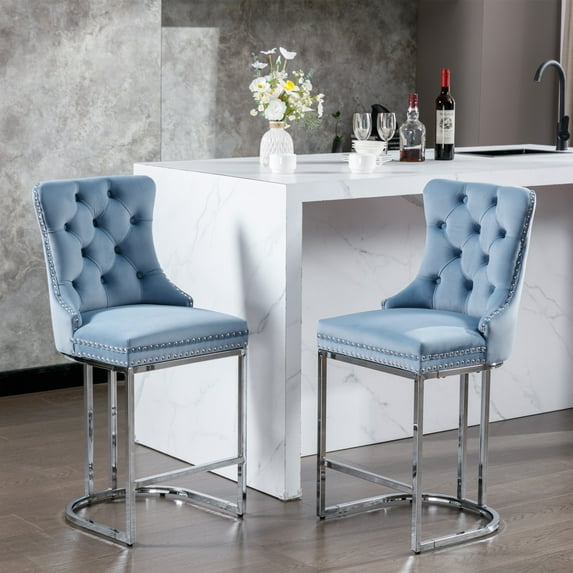 Set of 2 Velvet Bar Stools, 26"Counter Height Bar Stools, Modern Barstools with Button Back and Rivet Trim, Upholstered Kitchen Island Chairs with Chromed Metal Base Legs,Light Blue