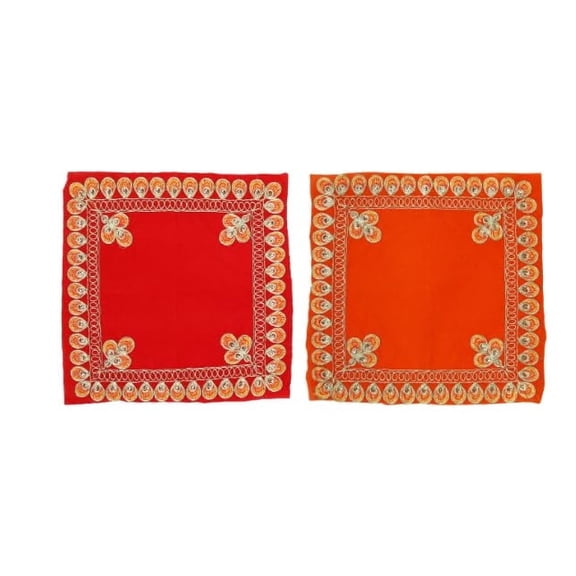Set of 2 Velvet Decorative Mat Aasan Pooja Cloth (Size:-12 Inches X 12Inches) Multipurpose Traditional Pooja Festival Diwali Decorations Decor Item and Home Pooja Article Yellow Laxmi (Red,Orange)