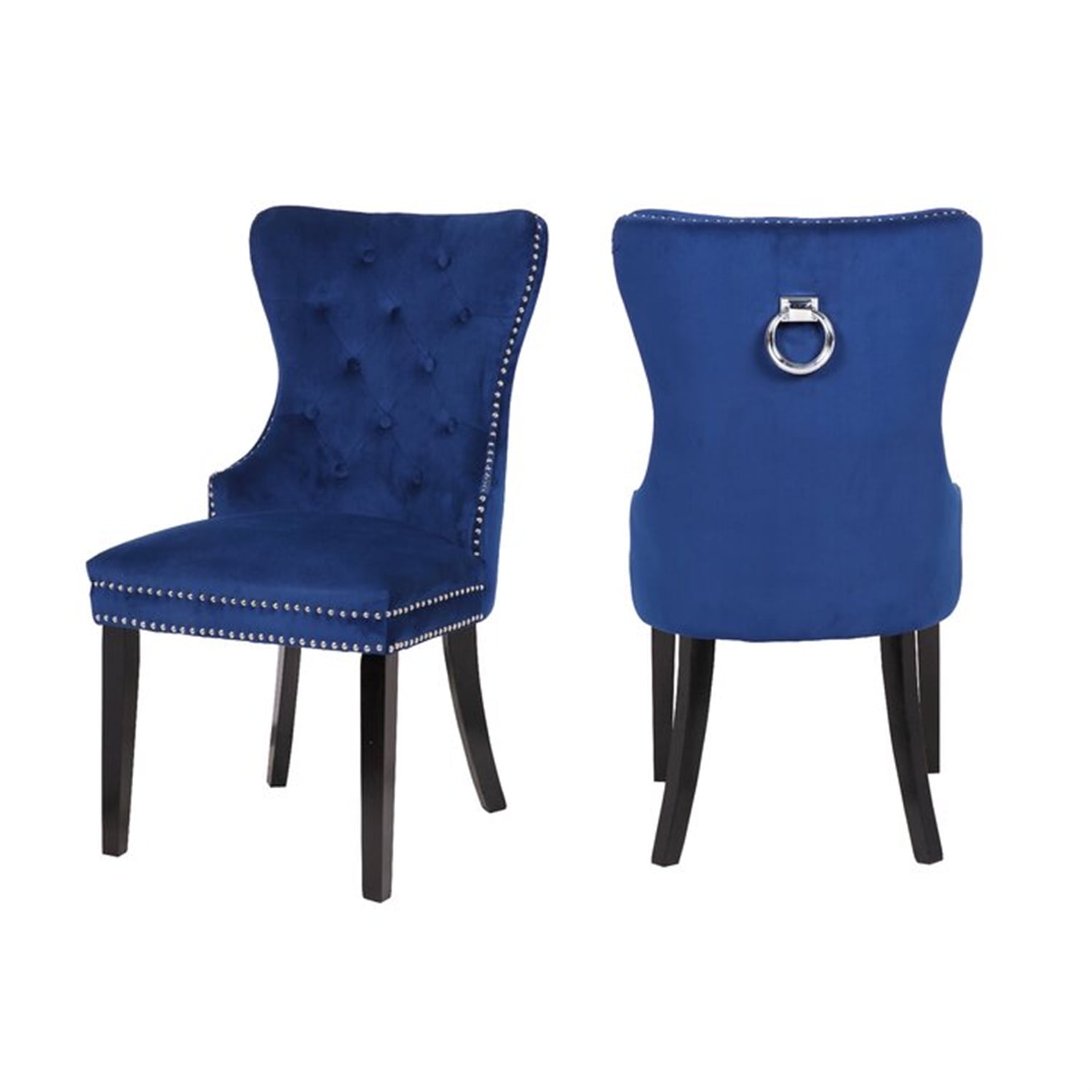 Blue Velvet Upholstered Dining Chairs with Wood Legs, Set of 2