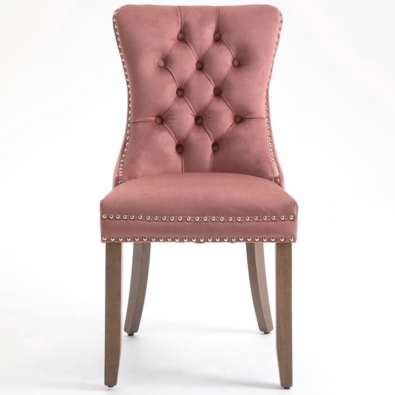 Set of 2 Velvet Fabric Dining Chairs Luxury Tufted Back with Nailed Trim and Back Ring Pull Home Kitchen Dining Room Chairs Armless Accent Side Chairs Solid Rubber Wood Legs