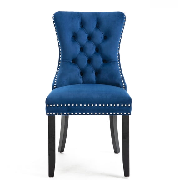 Set of 2 Velvet Fabric Dining Chairs Luxury Tufted Back with Nailed Trim and Back Ring Pull Home Kitchen Dining Room Chairs Armless Accent Side Chairs Solid Rubber Wood Legs