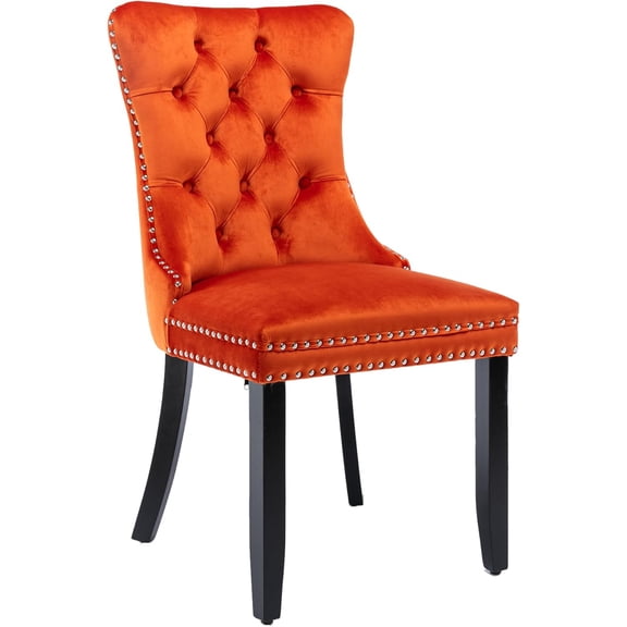 Set of 2 Velvet Fabric Dining Chairs Luxury Tufted Back with Nailed Trim and Back Ring Pull Home Kitchen Dining Room Chairs Armless Side Chairs Solid Rubber Wood Legs (Orange)