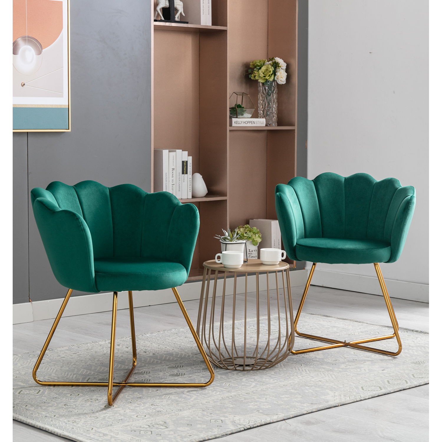 Set of 2 Velvet Lounge Chairs Green, Gold Plated Iron Metal Legs