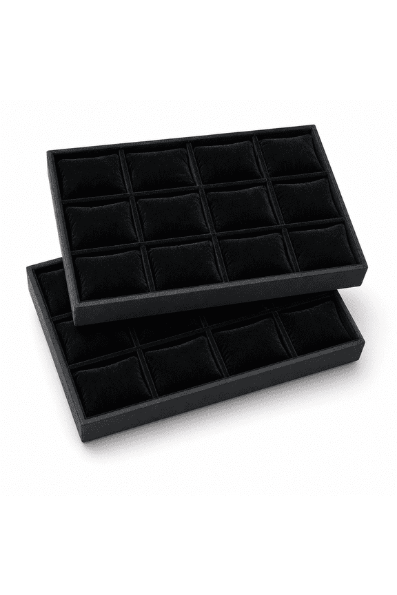 Set of 2 Velvet Watch Organizer Trays, 12 Compartment Stackable Jewelry Display Case with Cushioned Slots for Watches, Bracelets and Accessories Storage