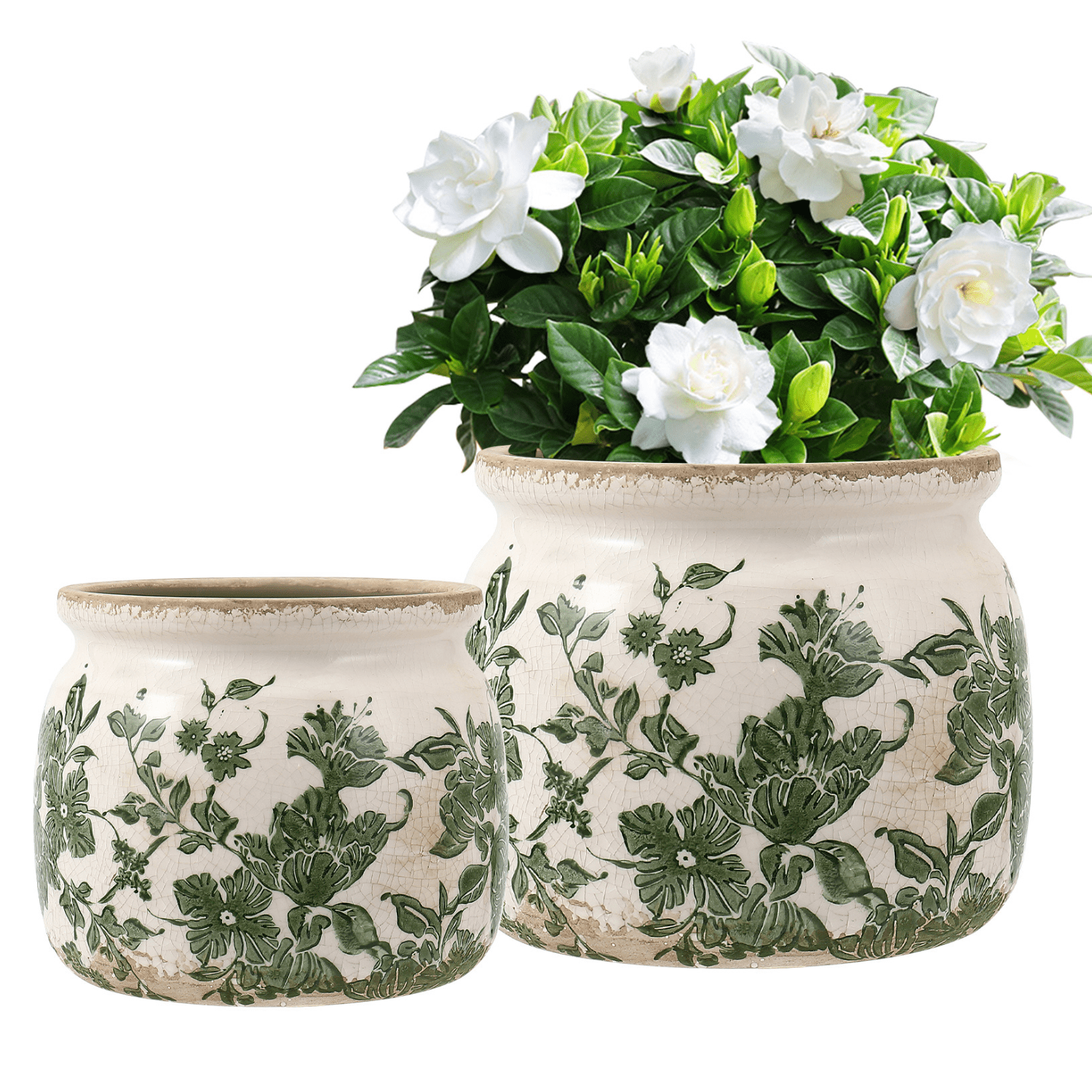 Set of 2 Vintage Ceramic Planters with Drainage Hole – Indoor Flower Pots & Plant Vases, Green Tuscan Planter Set for Home, Gardening, Christmas Decor