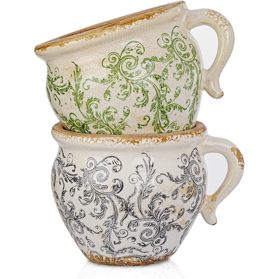 Set of 2 Vintage Ceramic Planters with Handle - Rustic Crackle Glaze Flower Pots with Scroll Design, Drainage Hole Indoor Outdoor Decorative Plant Containers, Tuscan Decor Pots