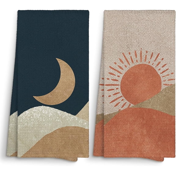 Set of 2 Vintage Sage Green Boho Sun and Moon Kitchen Towels Decorative 16x24, Abstract Minimalist Sunshine Dish Towels Cloths Dishcloths Tea Towel Gifts, Bohemian Bathroom Kitchen Hand Towel Decor