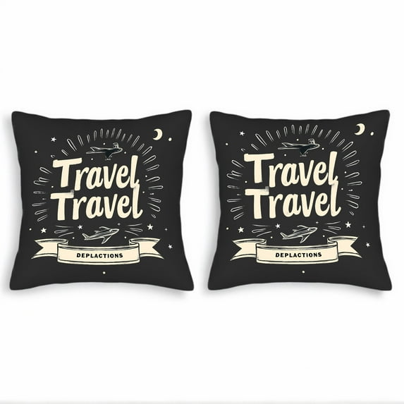 Set of 2 Vintage Travel-Themed Throw Pillow Covers 18x18in - Black Background with " Travel Travel " Text Stars Moon & Airplanes - Perfect for Couch Bed Car Decor