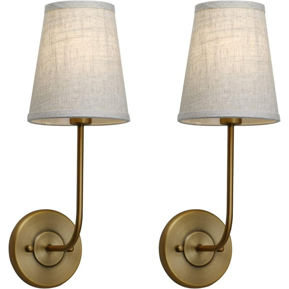 Set of 2 Vintage Wall Sconces Linen Fabric Shade, Hardwired Bathroom Vanity Lights Brass Finish, Industrial Wall Mounted Fixtures for Bedroom Living Room (Antique Brass)