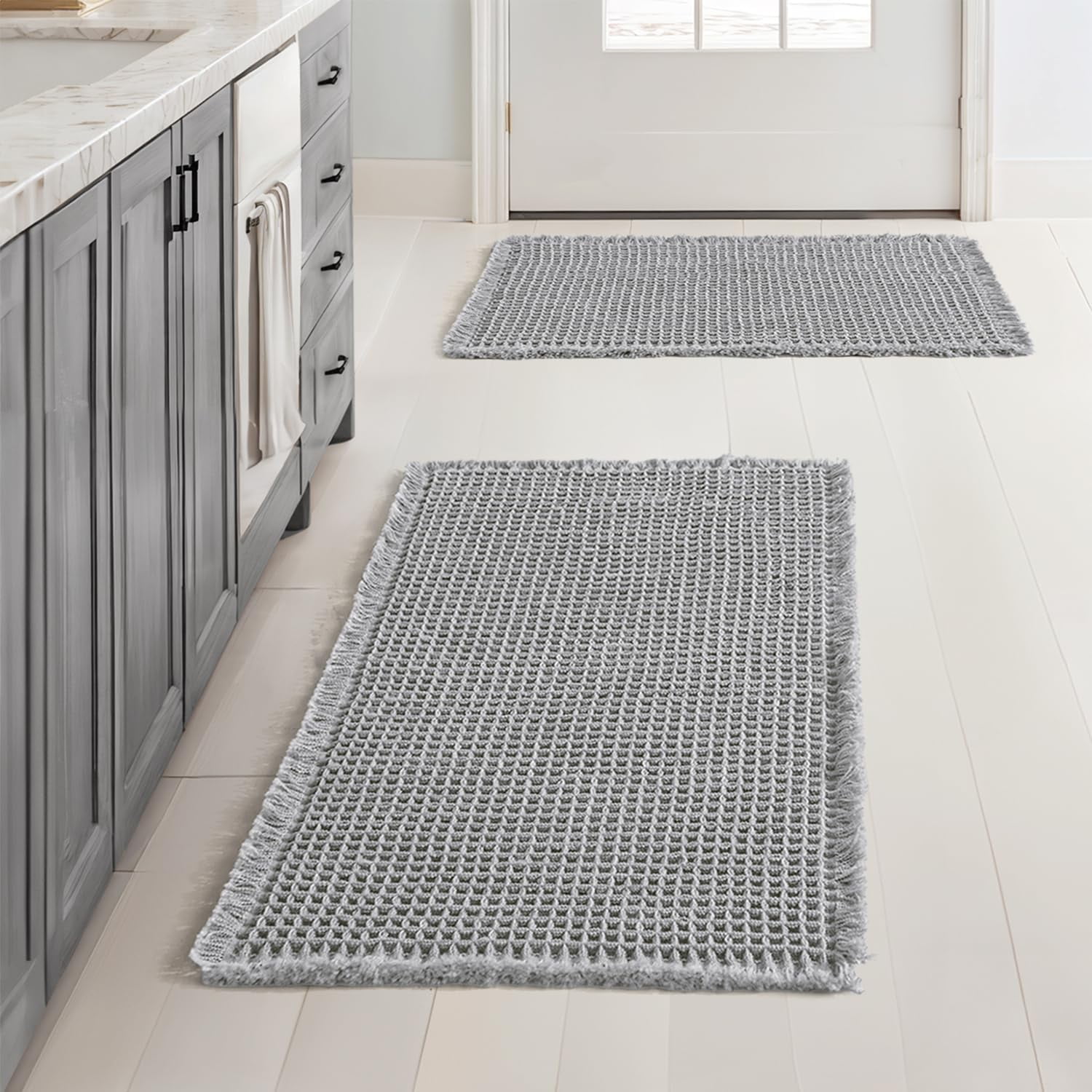 Set of 2 Waffle Bathroom Rugs, Boho Bath Rugs Non Slip Washable, Super Absorbent Bath Mats, Ultra Soft Rubber Backed Shower Mats for Bathroom Floor, Tub and Shower, Brown, 18x30 Inch