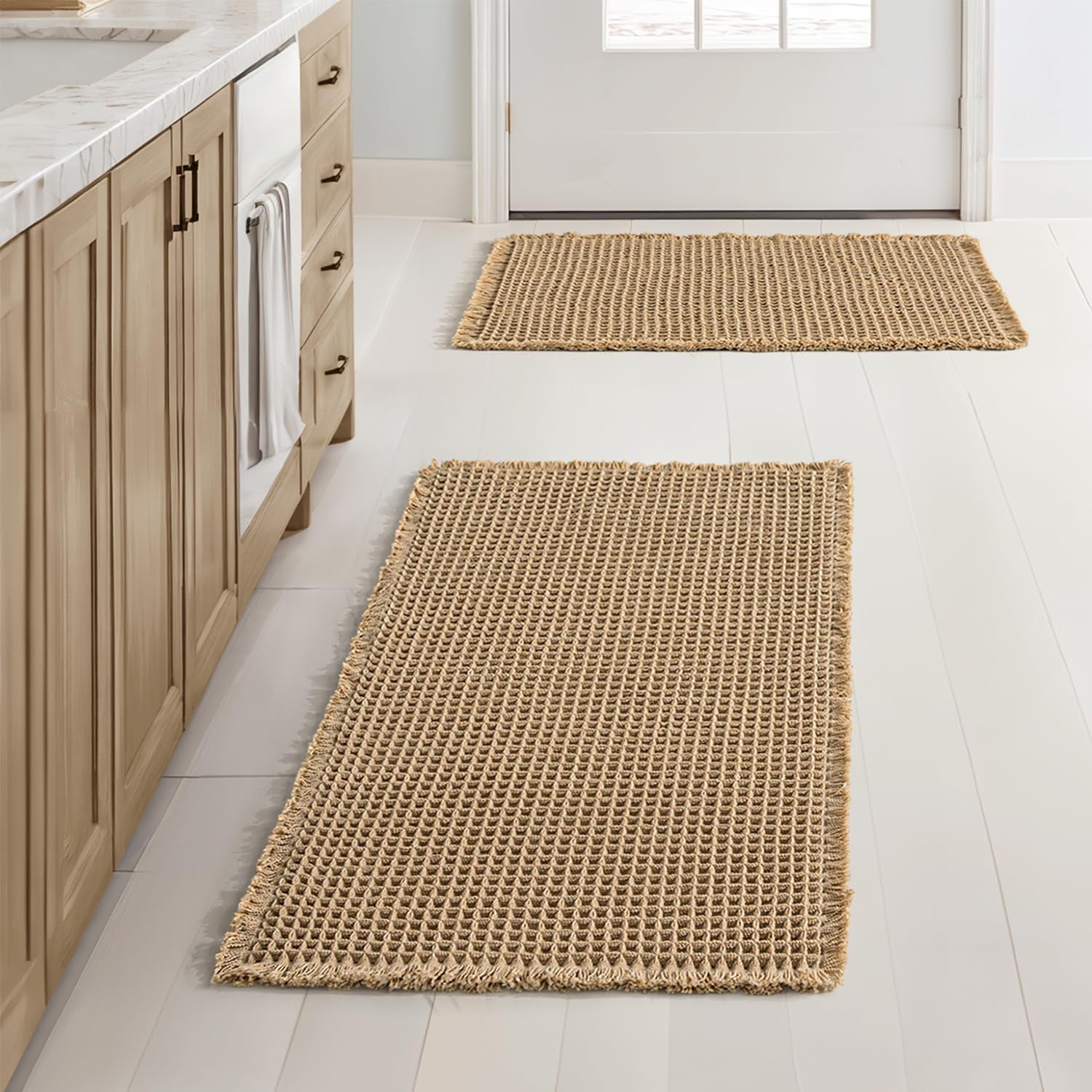 Set of 2 Waffle Bathroom Rugs, Boho Bath Rugs Non Slip Washable, Super Absorbent Bath Mats, Ultra Soft Rubber Backed Shower Mats for Bathroom Floor, Tub and Shower, Brown, 18x30 Inch