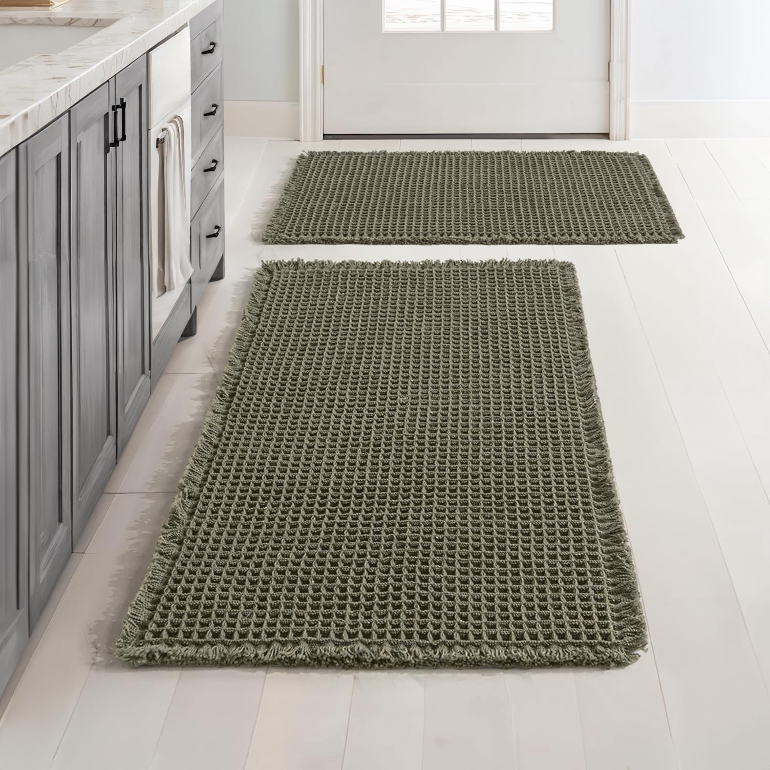 Set of 2 Waffle Bathroom Rugs, Boho Bath Rugs Non Slip Washable, Super Absorbent Bath Mats, Ultra Soft Rubber Backed Shower Mats for Bathroom Floor, Tub and Shower, Brown, 18x30 Inch