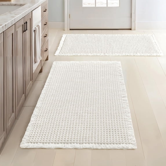 Set of 2 Waffle Bathroom Rugs, Boho Bath Rugs Non Slip Washable, Super Absorbent Bath Mats, Ultra Soft Rubber Backed Shower Mats for Bathroom Floor, Tub and Shower, White, 20x32 Inch