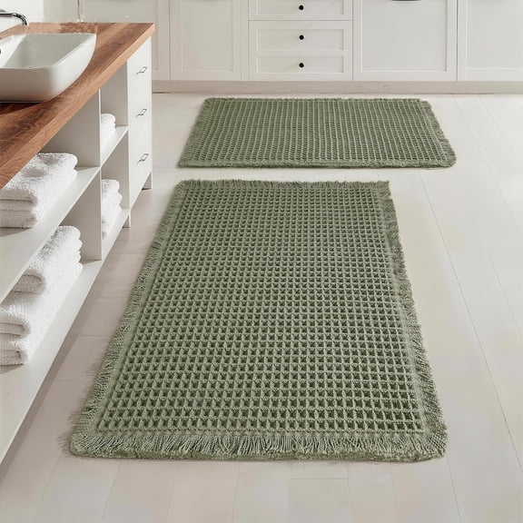 Set of 2 Waffle Bathroom Rugs, Super Absorbent Boho Bath Mats, Non-Slip Shower Mats for Bathroom Floor and Tub, Ultra Soft Waffle Weave Runner Mat, Quick Dry, Olive Green, 17x24+18x30 Inch
