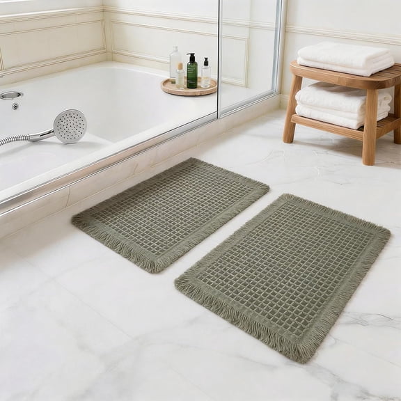 Set of 2 Waffle Bathroom Rugs, Super Absorbent Boho Bath Mats, Non-Slip Shower Mats for Bathroom Floor and Tub, Ultra Soft Waffle Weave Runner Mat, Quick Dry, Olive Green, 17x24+18x30 Inch