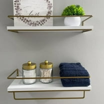 Set of 2 Wall Mounted Floating Shelves with Towel Rack, Corner Shelves, Wood and Metal Shelving for Bathroom, 16 "W x 4 "H x 6 "D, Hanging Storage Rack for Home Decor (White)