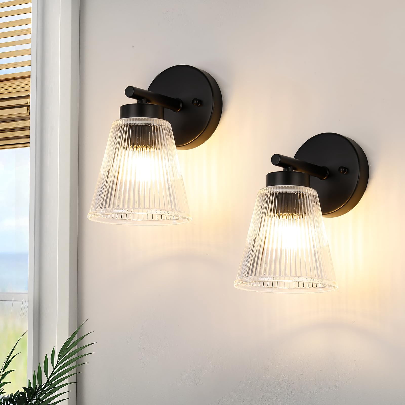 Set Of 2 Wall Sconces For Bathroom  Black Modern Vanity Light Fixtures With Striped Glass Shade Mount Lighting Lanterns Mirror Living Room Bedroom Hallway Farmhouse