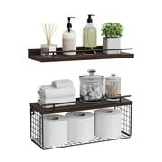 Set of 2 Wall Shelf, 15.7"L Floating Shelves with Wire Basket for Wall Decor, Boho Rustic Wood Wall Shelves Clearance Toilet Storage Shelf for Bathroom, Bedroom, Home, Farmhouse and Plant - Brown
