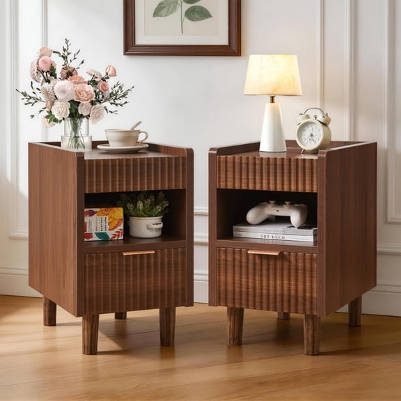 Set of 2 Walnut Brown Fluted Nightstands with Drawer and Open Storage, Modern Wood Bedside Tables, Side End Tables for Bedroom, Living Room, Home Decor
