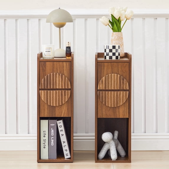 MIYZEAL Set of 2 Walnut Nightstands with 2 Drawers & Open Storage Shelf, Modern Slim Bedside Tables with Arched Decor for Bedroom, Living Room and Small Spaces