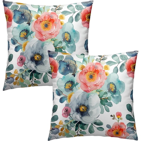 Set of 2 Watercolor Flowers Decorative Throw Pillow Covers Spring Cushion Cover 16x16 Inch Pink Floral Green Eucalyptus Leaves Outdoor Pillow Cases for Home Porch Bedroom Decor