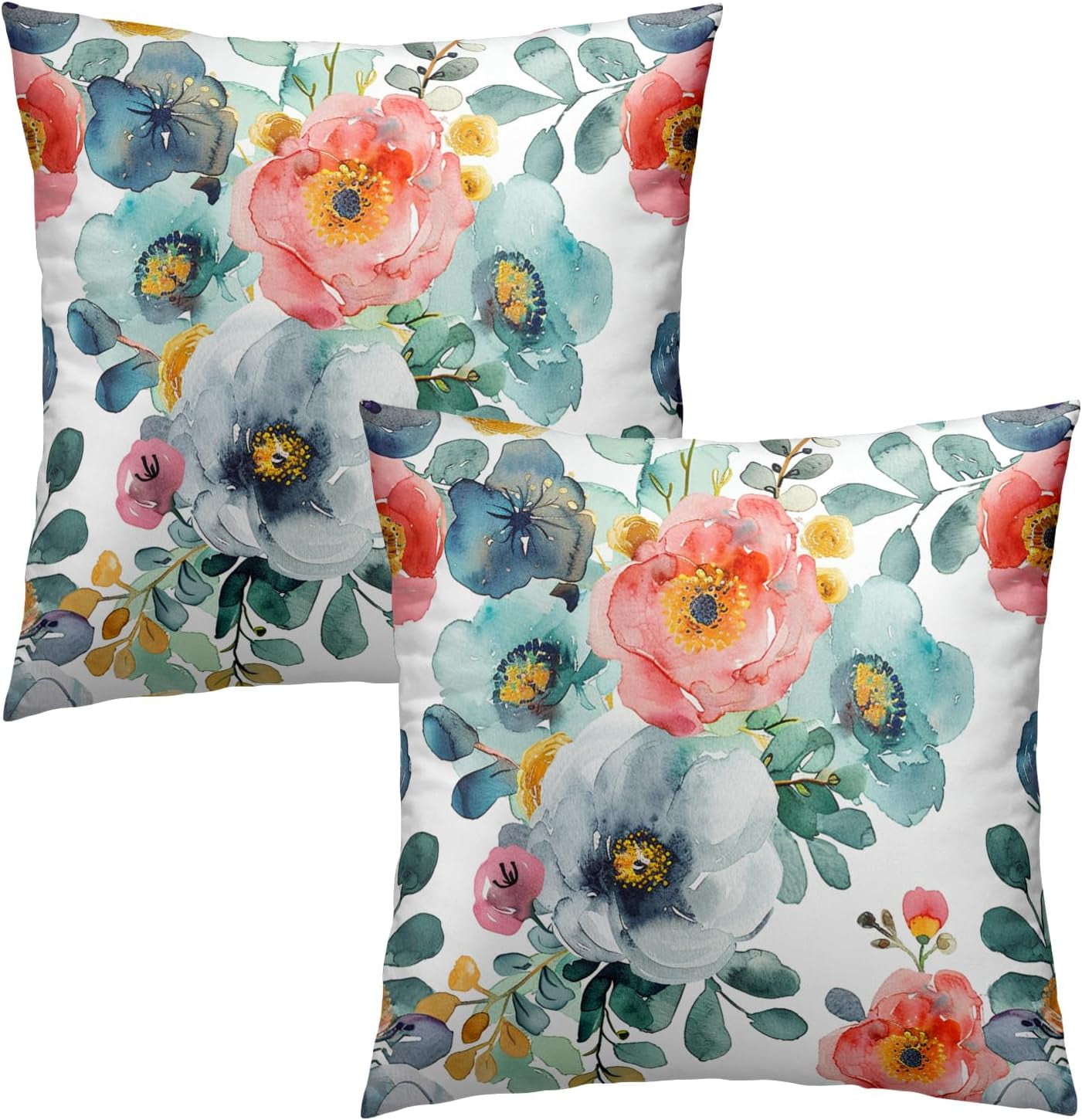 Blue Floral Throw Pillow Covers 18x18 Inch, Set Of 4 - Penoy Leaf Design, Summer Spring Decor For Couch, Bed, Living Room