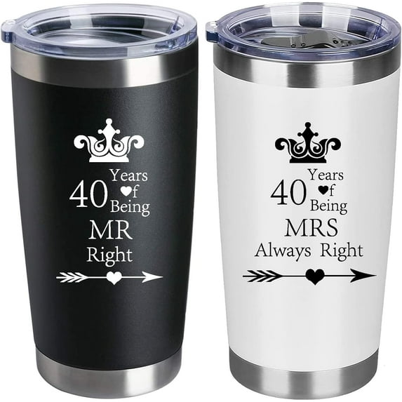 Set of 2 Wedding Engagement 40th Anniversary Tumblers for Couples Parents 20 OZ Stainless Steel Insulated Car Tumbler Travel Mug Mr Right Mrs Always Right 40 Years Anniversary Funny Present
