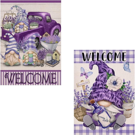 Set of 2 Welcome Spring Gnomes Lavender Flower Decorative Garden Flag, Purple Buffalo Plaid Check Butterfly Floral House Yard Outside Decorations, Summer Farmhouse Outdoor Small Decor 12x18