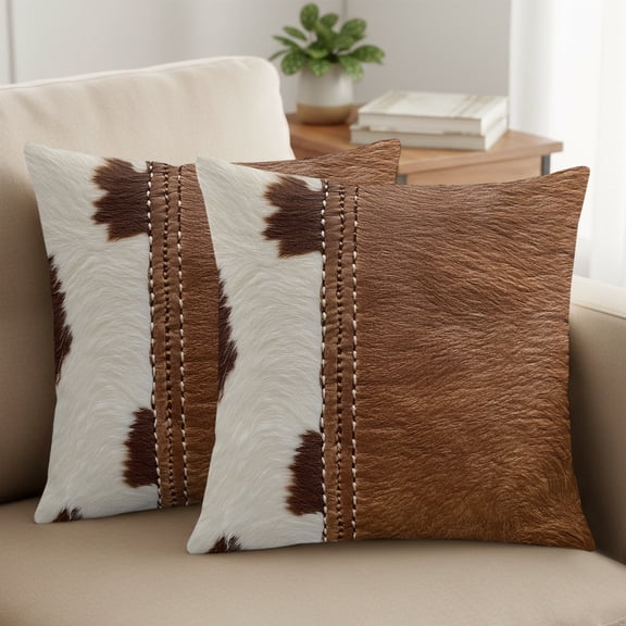 Set of 2 Western Cow Cowhide Pillow Covers 16x16 Inch, Abstract Seam Cow Leather Decorative Throw Pillow Cases Cotton Cushion Covers for Sofa Couch Bed Living Room Bedroom Home Decor
