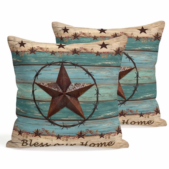 Set of 2 Western Texas Star Pillow Covers 18x18 Inch, Retro Turquoise Wooden Rustic Farmhouse Decorative Throw Pillow Cases Cotton Cushion Covers for Sofa Couch Bed Living Room Bedroom Home Decor