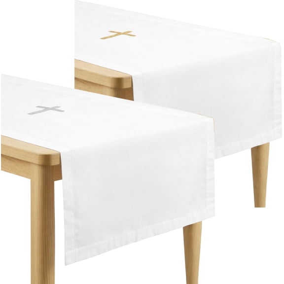 Set of 2 White Altar Cloths - Gold & Silver Cross Embroidery, Communion Tablecloths for Church, Baptism, First Communion, Holy Ceremony (62 x 24 Inches)