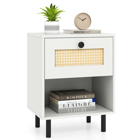 Set of 2 White Boho Rattan Nightstands, Hand Woven PVC Rattan Drawer End Tables with Open Storage Shelf, Heavy-Duty Metal Leg Bedside Cabinets with Anti-Tipping Hardware