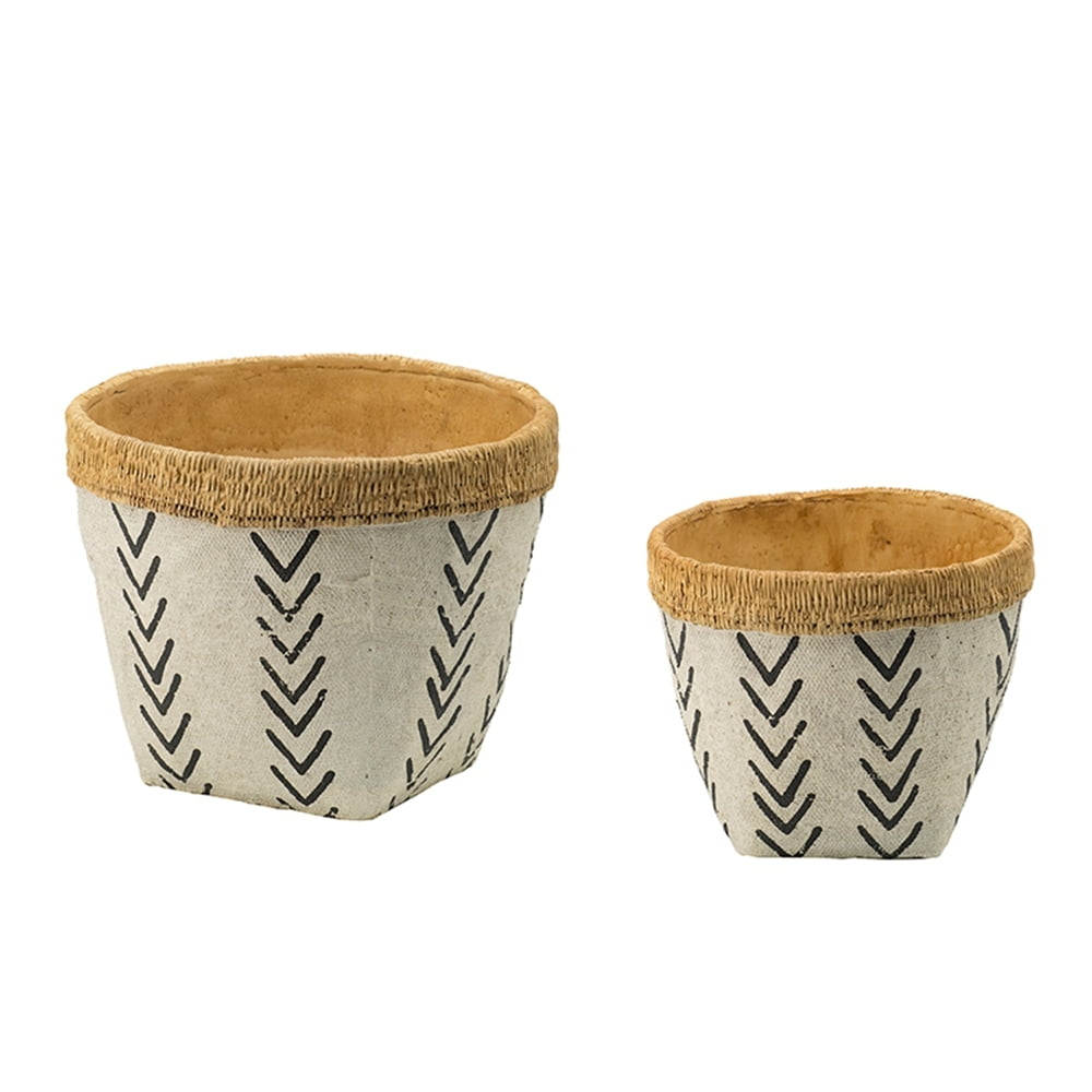 Set of 2 White and Brown Cement Planters – Featuring a Stylish V Pattern, these Planters Bring a Contemporary Flair to Your Home or Garden.  Perfect for Showcasing a Variety of Plants