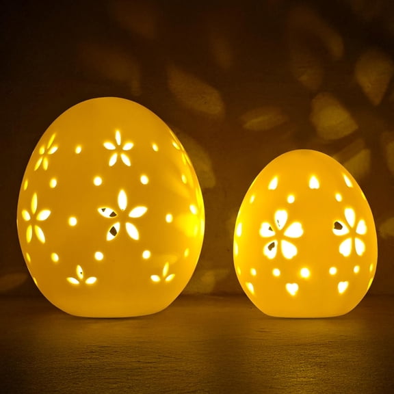 Set of 2 White Ceramic Lighted Easter Eggs - Farmhouse Rustic Hollow Easter Egg Tabletop Statues, Battery-Operated LED Home Decor for Easter, Hunting Party Supplies