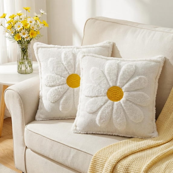 Set of 2 White Daisy Flower Pillow Covers 18x18 Embroidered Spring Summer Floral Pillow Covers Room Decor Decorative Cute Faux Fur Soft Flower Farmhouse Decor for Bed Couch Dormitories