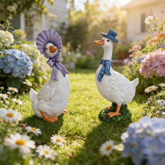 Set of 2 White Geese Garden Statues, Resin Duck Figurines for Patio Decor, Hand Painted Waterproof Animal Ornaments for Living Room Entryway, Cute Spring Gift 7.9 Inch